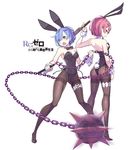  animal_ears ball_and_chain blue_eyes blue_hair bow bowtie bunny_ears bunny_girl bunny_tail bunnysuit copyright_name detached_collar flail hair_over_one_eye huge_weapon knife looking_back multiple_girls open_mouth pantyhose ram_(re:zero) re:zero_kara_hajimeru_isekai_seikatsu red_eyes red_hair rem_(re:zero) sando_(dukedevil) short_hair siblings sisters tail thighband_pantyhose twins weapon wrist_cuffs 