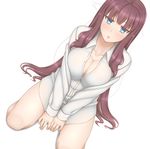  alternate_hairstyle between_legs blue_eyes blush breasts brown_hair cleavage collarbone collared_shirt dress_shirt hair_down hand_between_legs highres kyounami large_breasts long_hair long_sleeves looking_at_viewer mole mole_on_breast new_game! open_mouth shirt sitting sleepy solo takimoto_hifumi unbuttoned v_arms very_long_hair white_background white_shirt wing_collar 