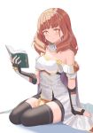  1girl bare_shoulders black_gloves black_thighhighs book brown_hair buttons cape celica_(fire_emblem) choker collarbone commentary detached_collar dress elbow_gloves fingerless_gloves fire_emblem fire_emblem_echoes:_shadows_of_valentia gloves highres holding holding_book looking_at_viewer off-shoulder_dress off_shoulder orange_eyes revvie shy simple_background solo symbol-shaped_pupils thighhighs tiara white_background white_dress 