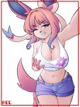 bangs big_breasts bottomwear breasts cleavage clothed clothing cutie_mark eeveelution female generation_6_pokemon hasbro hi_res humanoid long_tail looking_at_viewer my_little_pony navel nintendo pokemon pokemon_(species) shorksally shorts smile solo sylveon tail thong underwear