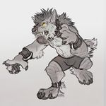  2016 4_toes 5_fingers anklet anthro arcanine bearlyfeline boe_(williamca) boxers_(clothing) bracelet bulge canine claws clothed clothing collar digital_media_(artwork) digitigrade ear_piercing eyebrow_piercing facial_piercing fangs front_view full-length_portrait fur glowing glowing_eyes greyscale hair hybrid industrial_piercing jewelry male mammal monochrome nintendo nose_piercing nose_ring piercing pok&eacute;mon portrait sabertooth_(feature) septum_piercing signature snarling solo spot_color striped_fur stripes toe_claws toes topless tusks underwear video_games warcraft were werewolf worgen yellow_eyes 
