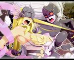  angel_and_devil angewomon bare_shoulders belt blonde_hair breastplate breasts chain claws cleavage demon_girl digimon digimon_adventure feathered_wings feathers gloves hair_pull helmet ladydevimon large_breasts long_hair mask materclaws multiple_girls pale_skin rage_face red_eyes silver_hair single_glove torn_clothes winged_helmet wings 
