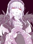  1girl bad_drawr_id bad_id black_background black_dress black_ribbon black_wings character_request colored_skin copyright_request disgust dress eyelashes feathered_wings finger_to_own_chin frilled_dress frilled_hairband frills hair_ribbon hairband itsuki_(otsugei) juliet_sleeves long_hair long_sleeves looking_at_viewer parted_lips puffy_sleeves red_eyes ribbon rozen_maiden simple_background solo suiseiseki white_hair white_skin wings 