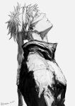  1boy bandages blue_eyes closed_mouth gojou_satoru greyscale highres jacket jujutsu_kaisen kuwoniagyu11112 looking_up male_focus monochrome profile short_hair simple_background solo spot_color twitter_username upper_body 