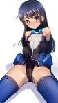  1girl alice_gear_aegis bare_shoulders black_hair blue_eyes blush body_writing boots breasts cameltoe covered_nipples elbow_gloves gloves groin koashi_mutsumi leotard long_hair looking_at_viewer sasayuki sitting small_breasts smile solo thigh_boots 
