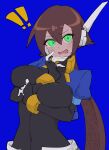  ! !! 1girl absurdres aile_(mega_man_zx) arms_under_breasts black_bodysuit blue_background blue_jacket blush bodysuit bodysuit_under_clothes breasts brown_hair buzzlyears covered_collarbone covered_navel cropped_jacket green_eyes highres jacket large_breasts long_hair mega_man_(series) mega_man_zx mega_man_zx_advent open_clothes open_jacket pointing pointing_at_viewer ponytail robot_ears short_sleeves shorts simple_background solo upper_body white_shorts 