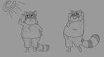 anthro asterixknox clothed clothing hands_behind_head male mammal monochrome one_eye_closed overweight procyonid raccoon rascal_(robot_dreams) robot_dreams swimming_trunks swimwear topless