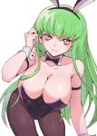  1girl adjusting_hair animal_ears animal_hairband bent_over black_leotard breasts c.c. cleavage closed_mouth code_geass collarbone commentary_request eyelashes fake_animal_ears fishnet_pantyhose fishnets green_hair hair_between_eyes highleg highleg_leotard konokami_harai large_breasts leotard light_blush long_hair looking_at_viewer pantyhose playboy_bunny rabbit_ears smile solo standing very_long_hair white_background wrist_cuffs yellow_eyes 