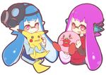  bad_id bad_pixiv_id bangs blue_hair blunt_bangs blush blush_stickers cheek_pinching company_connection conomi-c5 cropped_torso crossover domino_mask fang fangs gas_mask gen_1_pokemon headgear holding inkling kirby kirby_(series) layered_clothing long_hair long_sleeves looking_at_another looking_at_viewer mask maxim_tomato multiple_girls open_mouth pikachu pinching pointy_ears pokemon pokemon_(creature) purple_eyes purple_hair red_eyes shirt short_over_long_sleeves short_sleeves simple_background smile splatoon_(series) splatoon_1 squidbeak_splatoon t-shirt tentacle_hair upper_body white_background 