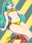  1girl animal_print bikini blue_eyes breasts closed_mouth commentary_request full_body green_hair highres horns kakone long_hair looking_at_viewer lum medium_breasts navel one_eye_closed open_mouth solo star_(symbol) swimsuit tiger_print two-tone_background urusei_yatsura yellow_background 