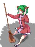  1girl animal_ears black_footwear broom brown_dress commentary dog_ears dress fang full_body green_eyes green_hair grey_background holding holding_broom kakone kasodani_kyouko long_sleeves looking_at_viewer open_mouth short_hair socks solo touhou two-tone_background white_background white_socks 