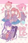  4girls black_thighhighs blue_skirt book bow brown_hair closed_mouth copyright_name cropped_torso doki_doki_literature_club food full_body grey_jacket holding holding_food jacket karunabaru long_sleeves looking_at_viewer monika_(doki_doki_literature_club) multiple_girls natsuki_(doki_doki_literature_club) one_side_up open_mouth pen pink_hair pleated_skirt ponytail purple_hair red_bow sayori_(doki_doki_literature_club) shoes skirt thighhighs white_bow yuri_(doki_doki_literature_club) 