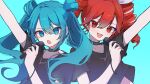  absurdres aqua_eyes aqua_hair arm_up black_choker black_shirt blue_background blue_eyes blue_hair blush bow choker drill_hair earrings hair_between_eyes hair_bow hair_bun hatsune_miku highres holding holding_microphone hoop_earrings jewelry kasane_teto kasane_teto_(sv) katorea long_hair looking_at_viewer microphone necklace open_mouth red_eyes red_hair shirt short_sleeves simple_background smile synthesizer_v twin_drills twintails utau vocaloid white_bow 