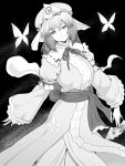  1girl bug butterfly cherry_blossom_print commentary_request floral_print frilled_kimono frills ghost greyscale hat highres japanese_clothes kakone kimono long_sleeves looking_at_viewer medium_hair mob_cap monochrome saigyouji_yuyuko solo touhou triangular_headpiece 