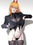  absurdres blonde_hair blush chainsaw_man garter_straps glasses gradient_background hair_between_eyes highleg highleg_panties highres horns long_hair navel necktie pale_skin panties power_(chainsaw_man) red_nails see-through shadow sharp_teeth teeth thigh_gap thighhighs underwear wonbin_lee yellow_eyes 