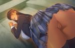  1girl against_wall ass bent_over breasts brown_hair censored from_behind highres homare_(fool&#039;s_art) huge_ass large_breasts long_hair looking_back no_panties pussy school_uniform solo wide_hips 