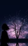  1girl aerial_fireworks arms_at_sides bare_tree clear_sky commentary dress english_commentary facing_ahead fireworks forced_perspective from_behind grass highres long_sleeves night original outdoors reflection reflective_water silhouette sky skyrick9413 solo tree 
