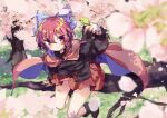  1girl bird bird_on_hand blush bow cape cherry_blossoms closed_mouth commentary full_body hair_bow isu_(is88) long_sleeves looking_at_viewer red_cape red_eyes red_hair red_skirt sekibanki short_hair sitting_on_branch skirt touhou tree 