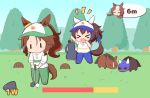  &gt;_&lt; 2girls :d animal animal_ears ball baseball_cap blue_hair blue_pants brown_hair chibi closed_eyes collared_shirt daitaku_helios_(racehorse) daitaku_helios_(umamusume) day ears_through_headwear fang golf golf_ball golf_club gomashio_(goma_feet) grass green_pants hair_between_eyes hat holding horse horse_ears horse_girl horse_tail long_hair low_twintails mejiro_palmer_(racehorse) mejiro_palmer_(umamusume) multicolored_hair multiple_girls notice_lines outdoors pants parted_bangs polo_shirt ponytail shirt side_ponytail smile standing star_(symbol) star_print streaked_hair tail twintails umamusume v-shaped_eyebrows visor_cap white_hair white_hat white_shirt xd yamanin_zephyr_(umamusume) |_| 