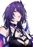  1girl acheron_(honkai:_star_rail) armor bare_shoulders breasts cleavage detached_sleeves eyeliner hair_between_eyes hair_over_one_eye honkai:_star_rail honkai_(series) kanapy large_breasts long_hair looking_at_viewer makeup multicolored_hair parted_lips pink_lips purple_eyes purple_hair red_eyeliner shoulder_armor sidelocks slit_pupils streaked_hair upper_body white_background 