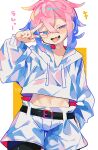  1boy absurdres belt black_belt blue_eyes commentary_request cowboy_shot cropped_hoodie film_grain hand_on_own_hip heterochromia highres hood hoodie long_sleeves male_focus medium_hair navel original pink_eyes pink_hair raito-kun_(uenomigi) shorts smile solo tongue tongue_out uenomigi v white_hoodie white_shorts 