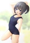  1girl barefoot black_hair black_one-piece_swimsuit blue_eyes flat_chest full_body highres kneeling old_school_swimsuit one-piece_swimsuit open_mouth original ponytail school_swimsuit shibacha short_hair smile solo swimsuit 