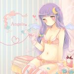  1girl angel_wings blue_flower blue_rose book bottle bra breasts crescent crescent_hair_ornament english_text flower gloves hair_ornament karunabaru long_hair looking_at_viewer navel panties patchouli_knowledge perfume_bottle red_eyes rose solo string string_of_fate striped_background striped_bra striped_clothes striped_panties striped_thighhighs thighhighs touhou underwear vertical-striped_bra vertical-striped_clothes vertical-striped_panties vertical-striped_thighhighs very_long_hair white_flower white_gloves white_rose wings 
