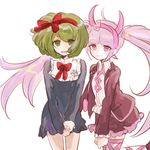  bad_id bad_pixiv_id blush_stickers bow danganronpa fake_horns green_eyes green_hair hair_bow hair_ribbon hairband jacket long_hair monaka_(danganronpa) multiple_girls pink_eyes pink_hair ribbon seiya_(se12ze) short_hair smile twintails utsugi_kotoko zettai_zetsubou_shoujo 