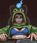  1girl black_eyes black_hair blue_bra boy&#039;s_club bra breasts chair chudjak closed_mouth cropped_hoodie glasses green_hoodie highres hood hood_up hoodie keyboard_(computer) large_breasts mossacannibalis mouse_(computer) pepe_the_frog sitting smile solo sports_bra twitter twitter_verified_checkmark underwear 