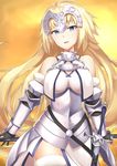  bare_shoulders blonde_hair blue_eyes breasts fate/apocrypha fate/grand_order fate_(series) gauntlets helmet jeanne_d'arc_(fate) jeanne_d'arc_(fate)_(all) long_hair looking_at_viewer medium_breasts p!nta sheath sheathed smile solo sword thighhighs weapon white_legwear 