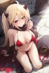  1girl absurdres ahoge arm_support azur_lane bare_shoulders bikini black_cape blonde_hair bluecher_(azur_lane) bluecher_(skyward_burning_love)_(azur_lane) blush breasts brick_floor cape chela77 commentary crying crying_with_eyes_open dagger demon_horns hair_between_eyes hand_up heart heart-shaped_pupils highres horns knife long_hair looking_at_viewer navel open_mouth red_bikini red_cape red_eyes shiny_skin sitting skindentation solo spikes stomach sweat swimsuit symbol-only_commentary symbol-shaped_pupils tearing_up tears torn_cape torn_clothes twintails two-tone_cape weapon wet wrist_guards 