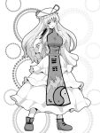  1girl bow breasts commentary_request dress full_body greyscale hair_bow hand_fan hat hat_ribbon highres holding holding_fan kakone large_breasts long_hair looking_at_viewer low-tied_long_hair mob_cap monochrome ribbon shoes solo tabard touhou yakumo_yukari 