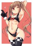  arm_behind_head armpits asake_ameji bikini blown_kiss brown_hair heart kantai_collection light_brown_hair long_hair murasame_(kantai_collection) one_eye_closed race_queen red_eyes solo standing swimsuit thighhighs twintails 