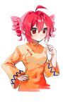  1girl ahoge blush chinese_clothes covered_navel drill_hair elma07 expressionless hand_on_own_hip index_finger_raised kasane_teto long_sleeves looking_at_viewer pink_hair red_eyes solo twin_drills utau 