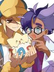  2boys black-framed_eyewear blonde_hair blue_eyes brown_eyes closed_eyes coat dark-skinned_male dark_skin fur-trimmed_jumpsuit fur_trim ginkgo_guild_uniform glasses hair_over_one_eye hat hexagonal_eyewear highres holding holding_pokemon jacq_(pokemon) jumpsuit multicolored_hair multiple_boys open_clothes open_coat open_mouth pokemon pokemon_(creature) pokemon_legends:_arceus pokemon_masters_ex pokemon_sv purple_hair purple_shirt shirt short_hair smile striped_clothes striped_shirt togepi two-tone_hair volo_(pokemon) yunme 