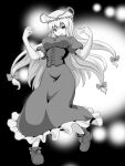  1girl bow breasts commentary_request frilled_skirt frills full_body greyscale hair_bow hat hat_ribbon highres kakone large_breasts long_hair long_skirt looking_at_viewer low-tied_long_hair mob_cap monochrome open_mouth ribbon shoes short_sleeves skirt smile solo touhou yakumo_yukari 