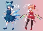  2girls ahoge black_thighhighs blue_bow blue_dress blue_eyes blue_footwear bow cirno commentary_request crystal_wings detached_wings dress flandre_scarlet frilled_skirt frills full_body gradient_background hair_bow hat ice ice_wings jyaoh0731 looking_at_viewer medium_hair mob_cap multiple_girls one_side_up pointy_ears red_eyes red_footwear red_skirt red_vest shirt skirt thighhighs touhou vest white_shirt wings 