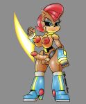  2022 5_fingers anthro archie_comics areola armwear balls big_areola big_balls big_breasts big_nipples big_penis black_nose black_sclera blue_eyes blue_glow blueberrygrizzly boots breasts brown_body chipmunk clothing collar curvy_figure eggman_logo energy_blade erect_nipples erection eyelashes fingers footwear genitals glistening glistening_body glowing glowing_body glowing_collar glowing_eyes glowing_weapon grey_background ground_squirrel gynomorph hair half-closed_eyes hi_res high_heeled_boots high_heels hourglass_figure intersex joints legwear looking_away machine mammal mecha_sally melee_weapon metal metallic_body multicolored_body narrowed_eyes nipples nude penis princess red_hair robot robotization rodent royalty sally_acorn sciurid sega shaded simple_background solo sonic_the_hedgehog_(archie) sonic_the_hedgehog_(comics) sonic_the_hedgehog_(series) standing tan_body text thick_thighs transformation weapon wide_hips yellow_glow 