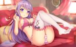  1girl ass blush bra breasts couch curtains feet indoors large_breasts long_hair looking_at_viewer lying no_shoes open_mouth panties pillow pink_panties pretty_angel purple_eyes purple_hair ribbon solo striped_clothes striped_panties thighhighs thighs underwear underwear_only window 