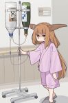  1girl bottle brown_eyes brown_hair exhausted full_body highres hospital ibuki_suika intravenous_drip kanpa_(campagne_9) pants pink_pants pink_shirt sake_bottle shirt sketch solo touhou 