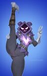  2024 anthro bear breasts clothed clothing epic_games female fortnite gesture hand_gesture hi_res johnfoxart mammal raised_leg raven_team_leader simple_background smile smiling_at_viewer solo v_sign 