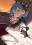  1girl absurdres aged_down ako_(blue_archive) animal bada_(jksh5056) bell blue_archive blue_hair blush car_interior dog hair_between_eyes hair_ornament highres holding holding_animal holding_dog neck_bell puppy shiba_inu sideless_outfit sideless_shirt thighhighs 