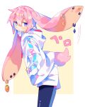  1boy :&lt; absurdres animal_ears black_leggings blue_hair bright_pupils closed_mouth commentary_request earrings from_side heterochromia highres hood hood_down hoodie jewelry leggings long_sleeves lop_rabbit_ears original pink_eyes pink_hair rabbit_boy rabbit_ears rabbit_tail raito-kun_(uenomigi) short_hair shorts solo tail translation_request uenomigi white_hoodie white_pupils white_shorts 