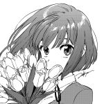  artist_name bouquet collared_shirt commentary commentary_request covered_mouth dress_shirt eyebrows_hidden_by_hair flower greyscale hair_between_eyes jacket kushieda_minori looking_at_viewer medium_hair monochrome neck_ribbon oohashi_high_school_uniform ribbon school_uniform shirt sidelocks toradora! tulip upper_body white_background zekkyou_(h9s9) 