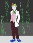 3:4 abstract_background anthro anthrofied belt bottomwear clothed clothing coat dress_shirt eyewear footwear full-length_portrait fully_clothed fuze generation_3_pokemon glasses hand_in_pocket hi_res kerchief lab_coat male neckerchief nintendo pants pockets pokemon pokemon_(species) pokemorph portrait ralts shirt shoes solo topwear