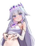  1girl breasts bridal_gauntlets chest_jewel colored_inner_hair cropped_shirt grey_hair hair_flaps highres hololive hololive_english jewel_under_eye kanzarin koseki_bijou koseki_bijou_(1st_costume) long_hair looking_at_viewer multicolored_hair navel pink_hair purple_eyes shirt small_breasts smile solo virtual_youtuber white_bridal_gauntlets white_shirt 