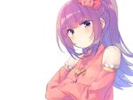  1girl bad_id bad_pixiv_id bare_shoulders blunt_bangs blush closed_mouth crossed_arms detached_sleeves flower hair_flower hair_ornament hanazono_shuka idol_time_pripara jewelry long_hair looking_at_viewer n_(m_ohkamotoh) necklace pink_shirt ponytail pretty_series pripara purple_eyes purple_hair shirt simple_background solo upper_body white_background 