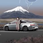  1girl black_footwear black_hair blue_eyes boots brown_coat car coat grey_car hand_in_pocket highres hikageno holding holding_phone long_hair looking_down motor_vehicle mount_fuji original phone renault renault_laguna shadow solo trench_coat vehicle_focus 