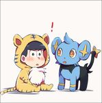  1boy animal_costume animal_print bad_id bad_pixiv_id black_border black_hair blue_eyes blush border bowl_cut chibi crossover d: fang full_body gen_4_pokemon kurosawa_kazuto looking_at_viewer matsuno_karamatsu open_mouth osomatsu-kun osomatsu-san pokemon pokemon_(creature) shadow shinx simple_background sitting tiger_costume tiger_print v-shaped_eyebrows yellow_eyes 