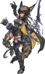  1girl absurdres animal_ears arm_armor arm_up arrow_(projectile) black_cape black_hair bow_(weapon) cape hair_over_one_eye highres holding holding_bow_(weapon) holding_weapon knee_up looking_at_viewer midriff original parted_lips sabamiso_taro simple_background solo two-sided_cape two-sided_fabric weapon white_background yellow_cape yellow_eyes 